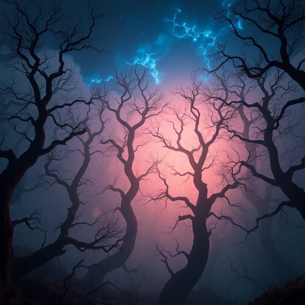 Ethereal Forest with Indigo Sky, Digital Art