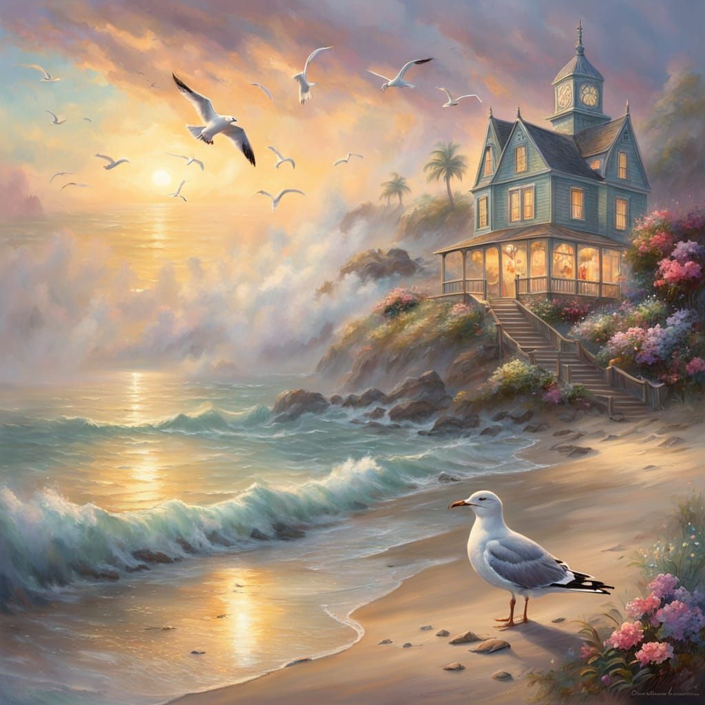 Seagull on Beach in Ethereal Pastel Oil Painting
