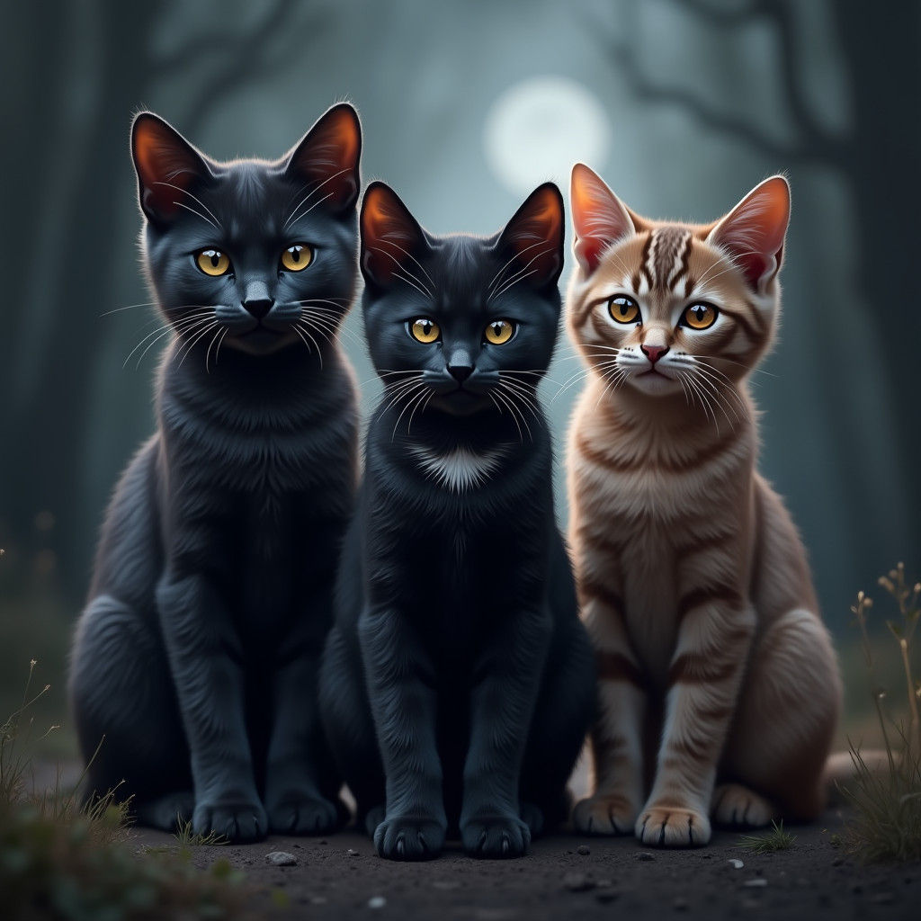Black Tuxedo Kitten with Cats, Fantasy Concept Art