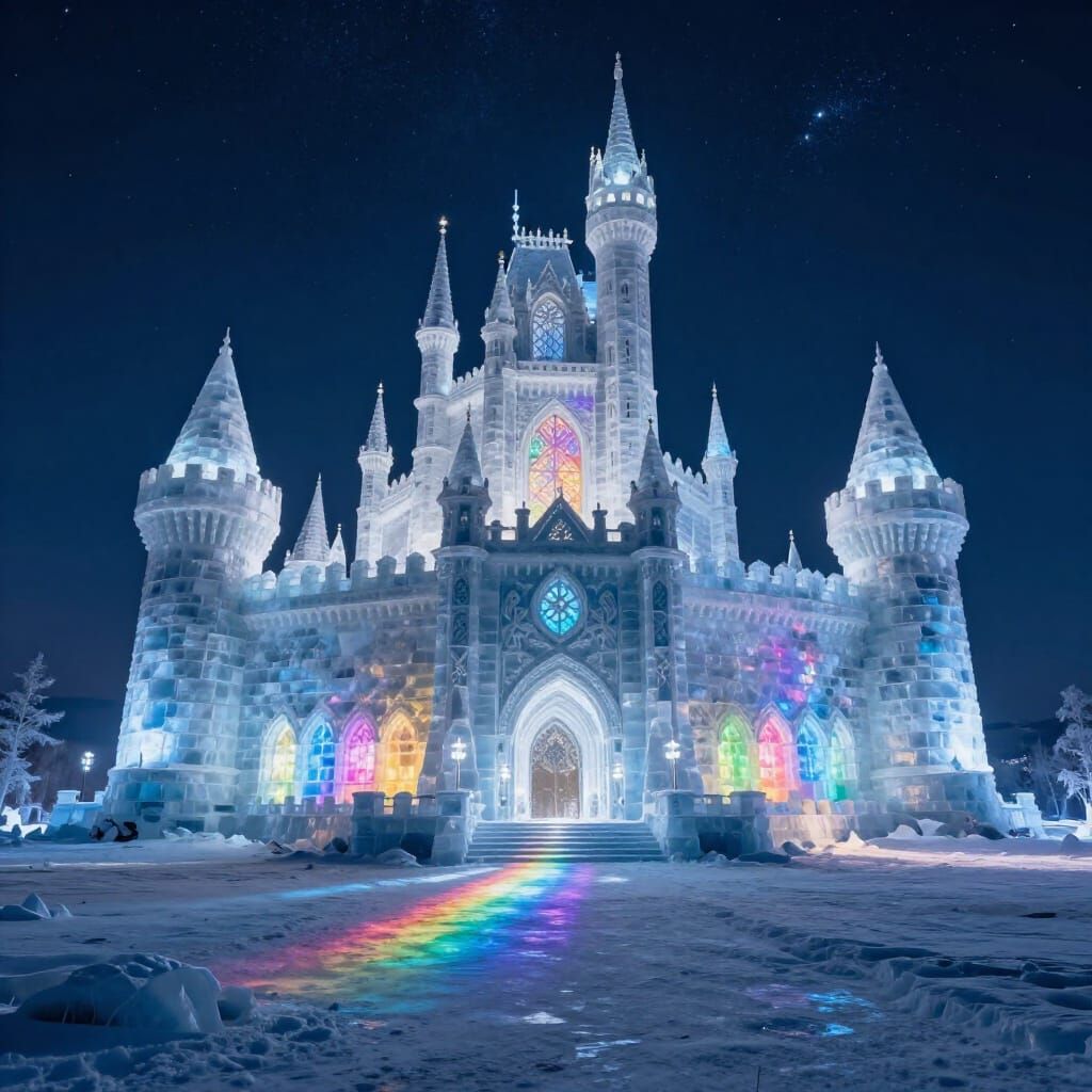 Colossal Ice Castle Illuminated by Rainbow Lights