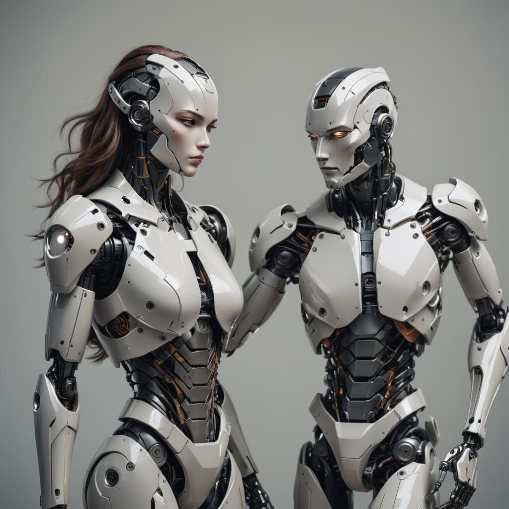 Futuristic Robot Warriors Portrait: Dynamic Interaction