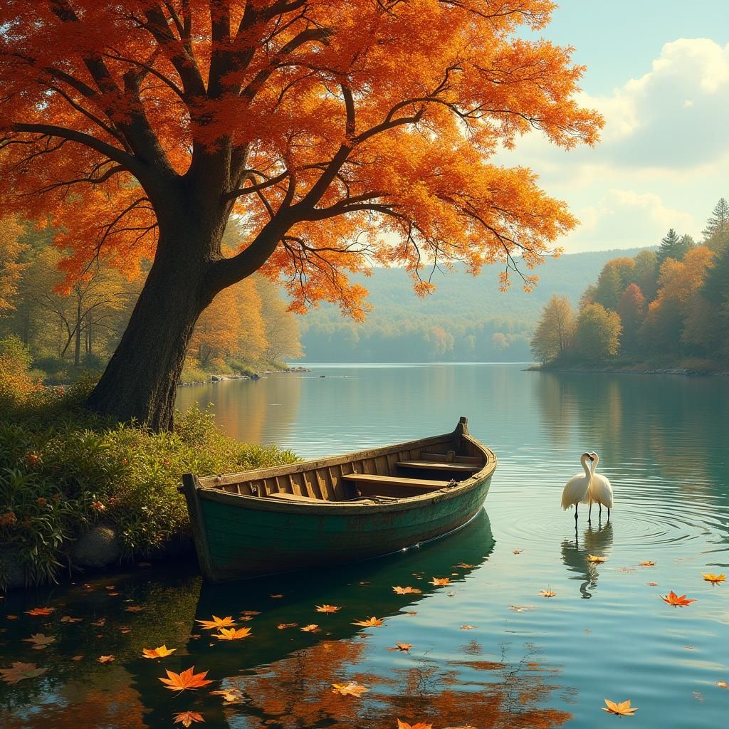 Autumnal Lakeshore Scene in Klimt Style