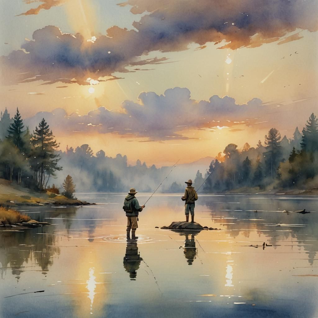 Fisherman at Sunset: Watercolor Art in Pastel Hues