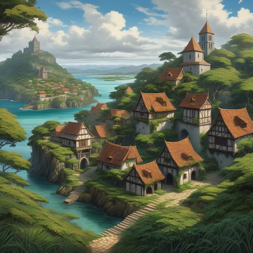 Medieval Island Paradise Watercolor Art