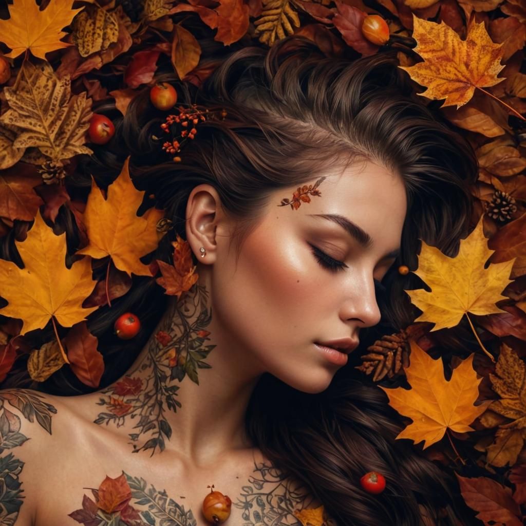 Mesmerizing beautiful badass powerful girl being Surrounded autumn_leaf, skin covered in autumn_leaf tattoos, SLEEPING  ...