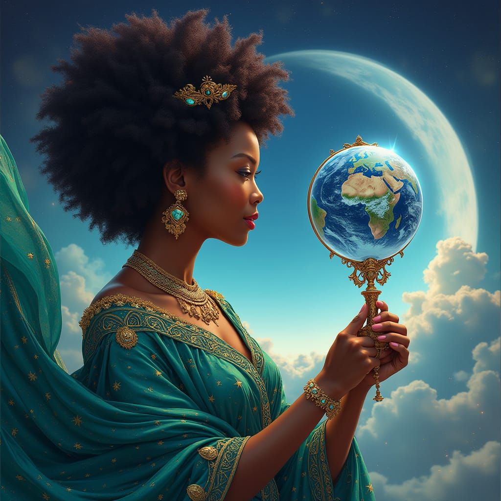 African Goddess Contemplates Earthly Wonders in Vibrant, Cel...