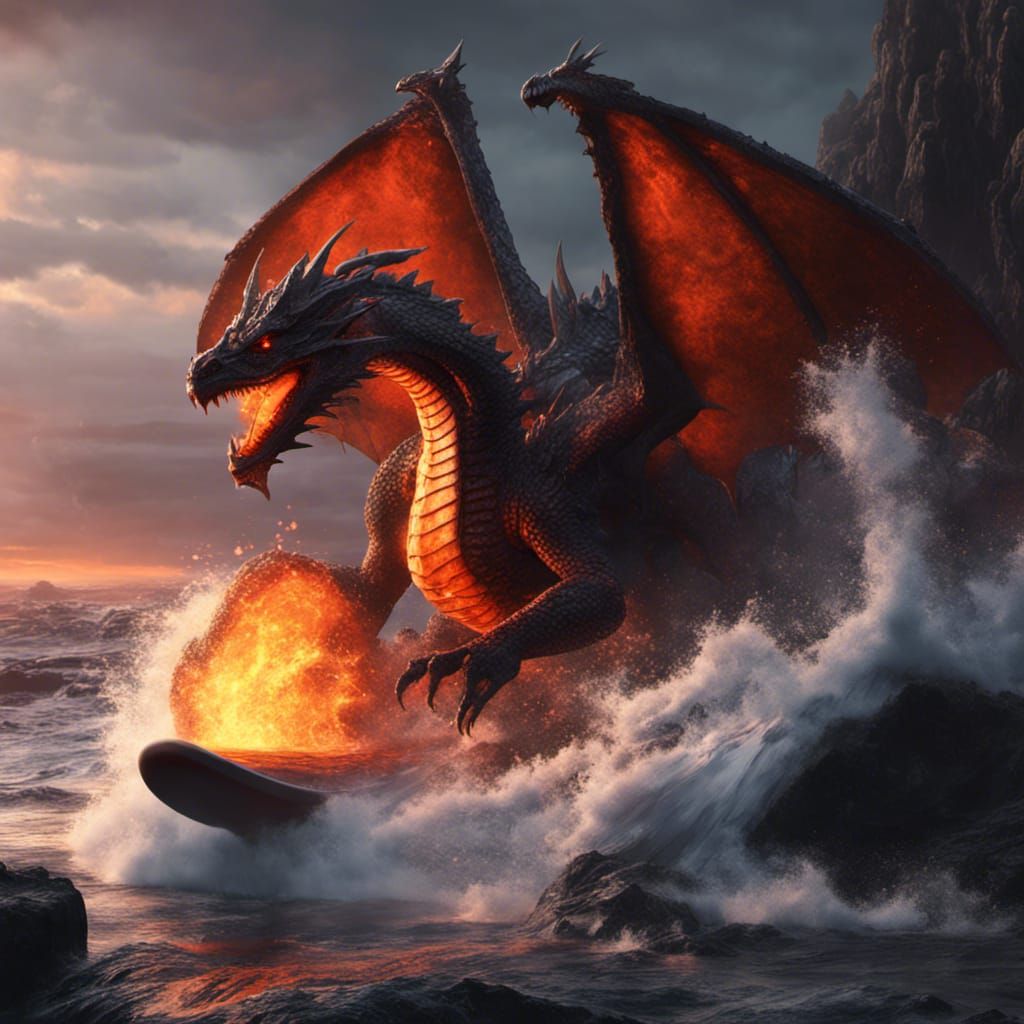 Dragon Surfing Lava Pools: Dark Fantasy Concept Art