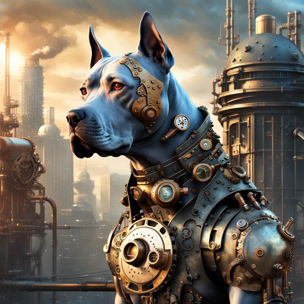 Steampunk Pit Bull Steals the Spotlight in Futuristic City