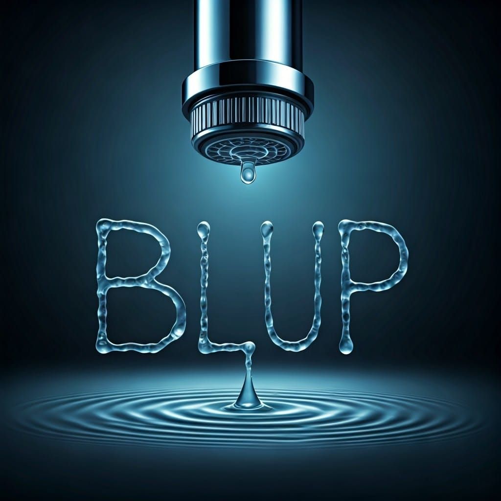 Translucent Water Droplet Forms "BLUP" in Surreal Art Style