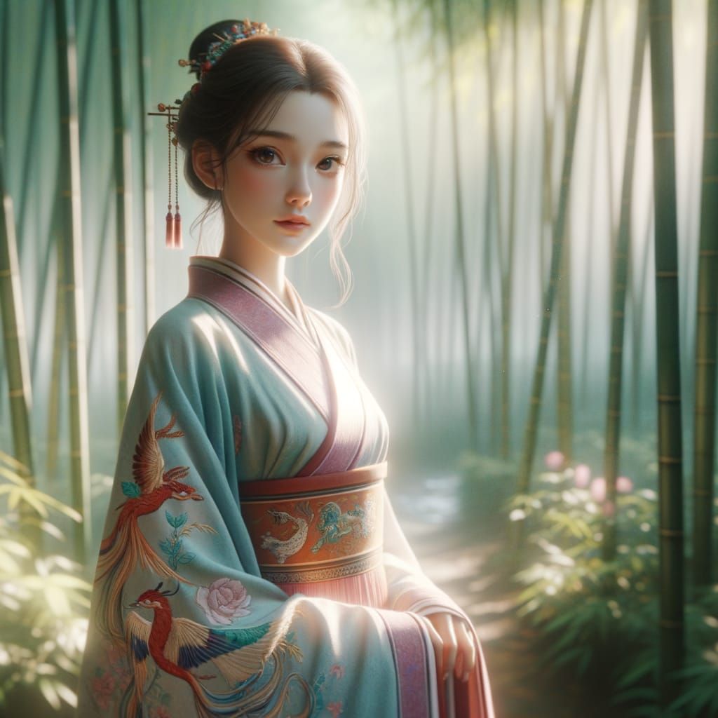 Young Woman in Flowing Hanfu in Bamboo Forest