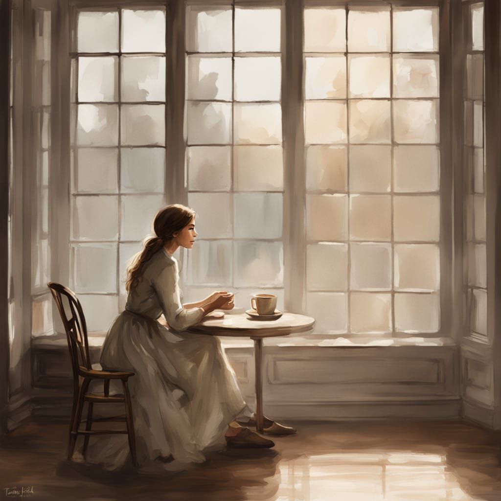Woman Lost in Morning Reflection, Warm Light