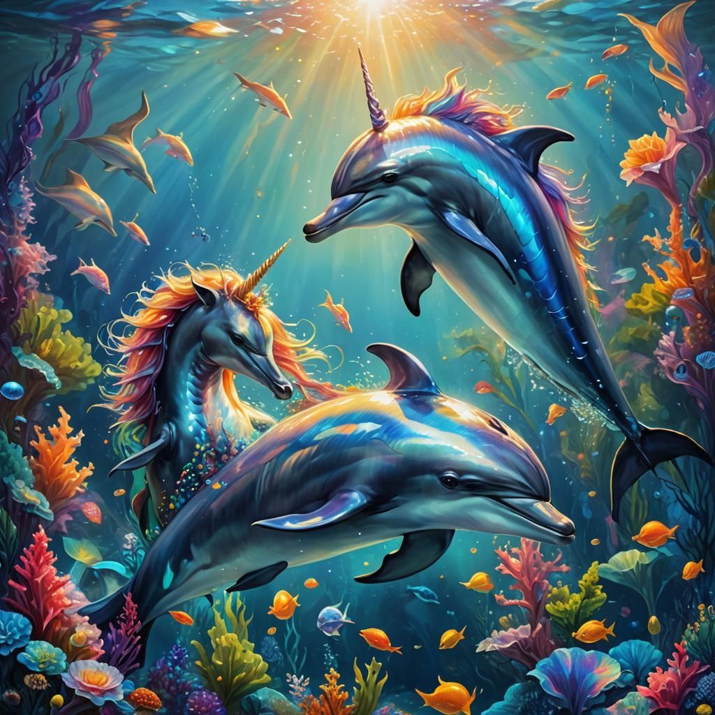 Underwater Dreamscape: Dolphin and Unicorn in Oil