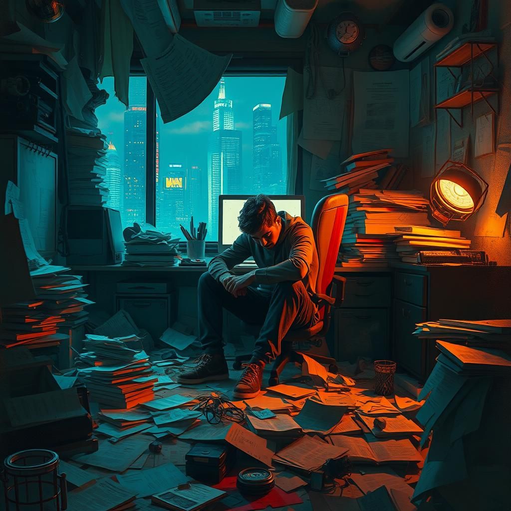 Overwhelmed Person in Cluttered Room, Digital Painting