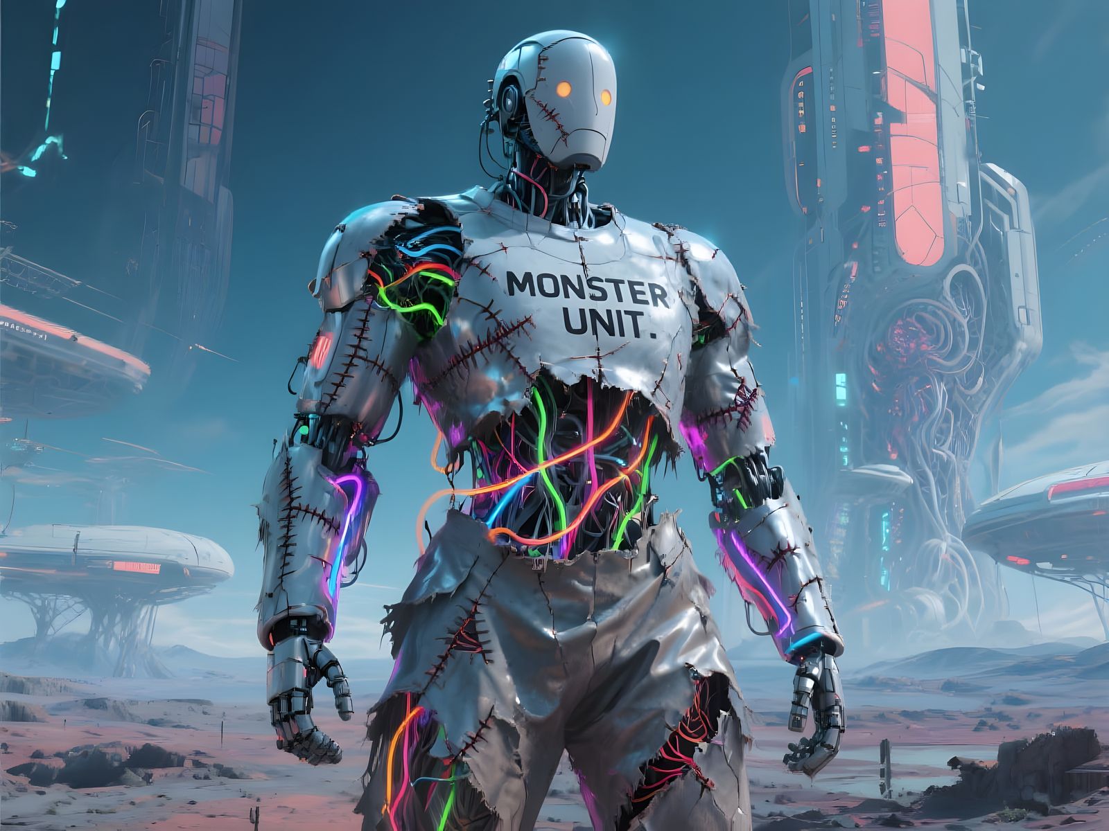 Giant Stitched Android on Retro Sci-Fi Paperback Cover