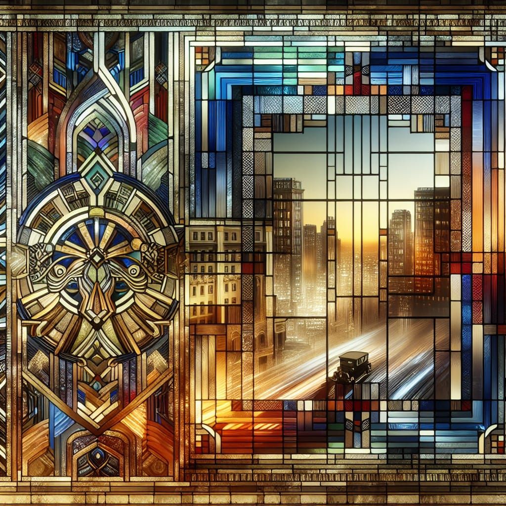 Art Deco Cityscape Through Ornate Window