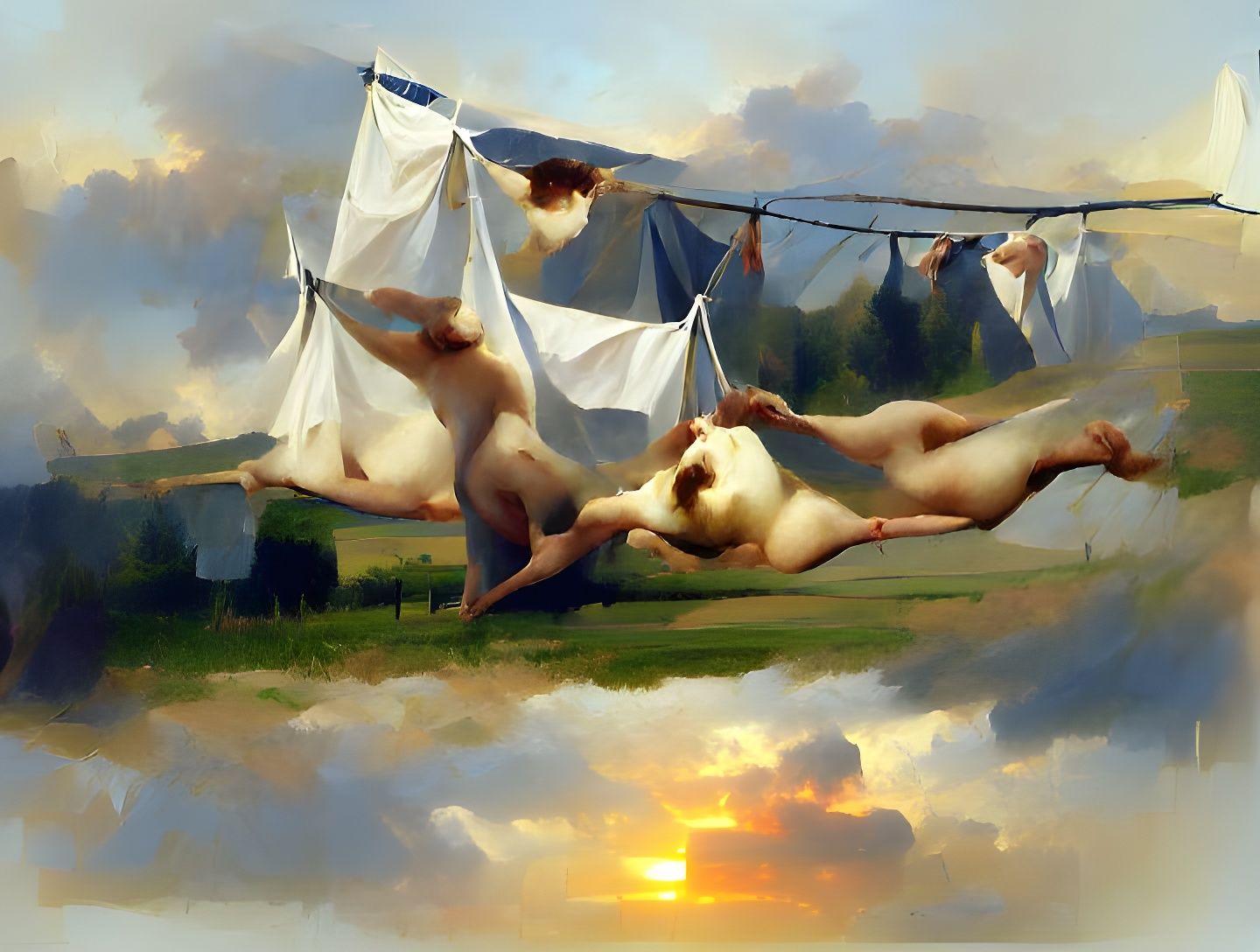 Hyperrealistic Nude Women with Sheets, Sunrise