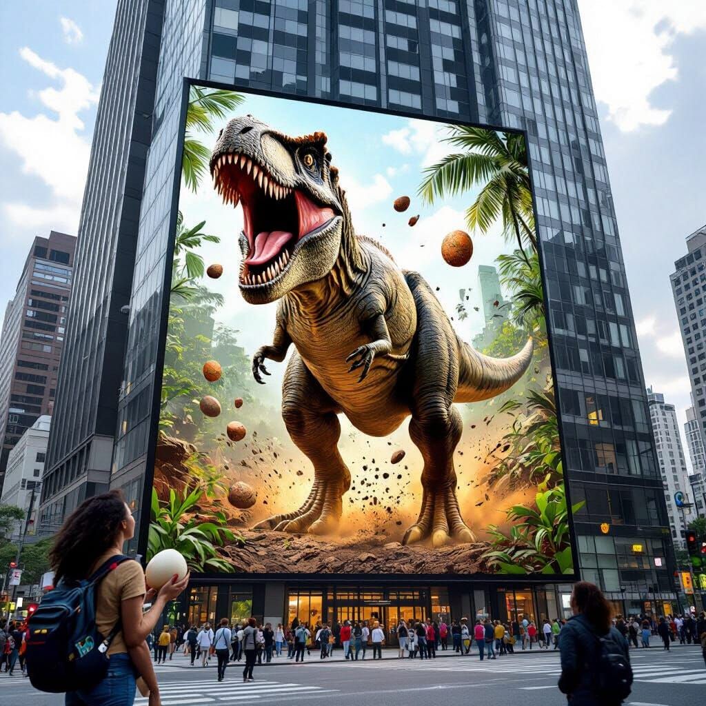 Giant T-Rex Bursts From Building in 3D Render