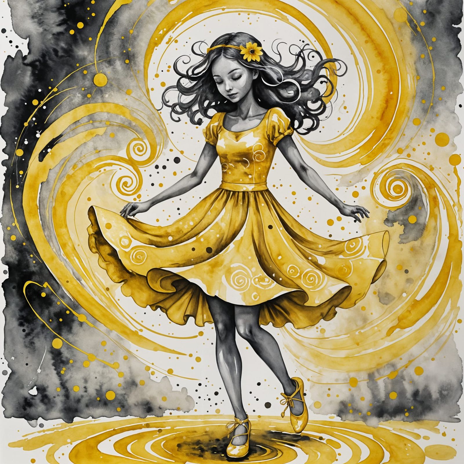 Monochromatic Watercolor: Dancing Girl in Yellow