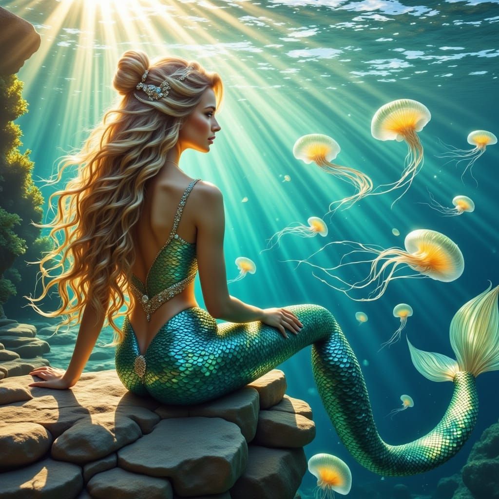 Enchanting Mermaid on Terrace Overlooking Sea