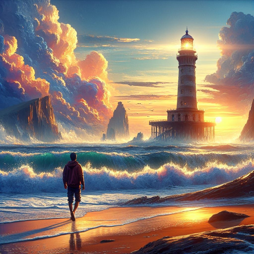 Contemplative Seaside Walk: Matte Painting in 8k