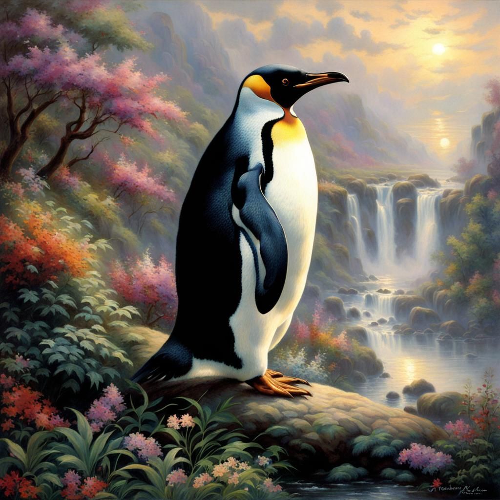 Ethereal Leopard Penguin Fantasy in Kinkade Style