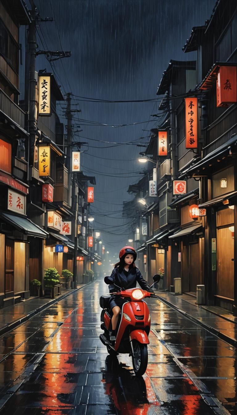 Kyoto Rainy Night: Girl on Moped, Impasto Painting