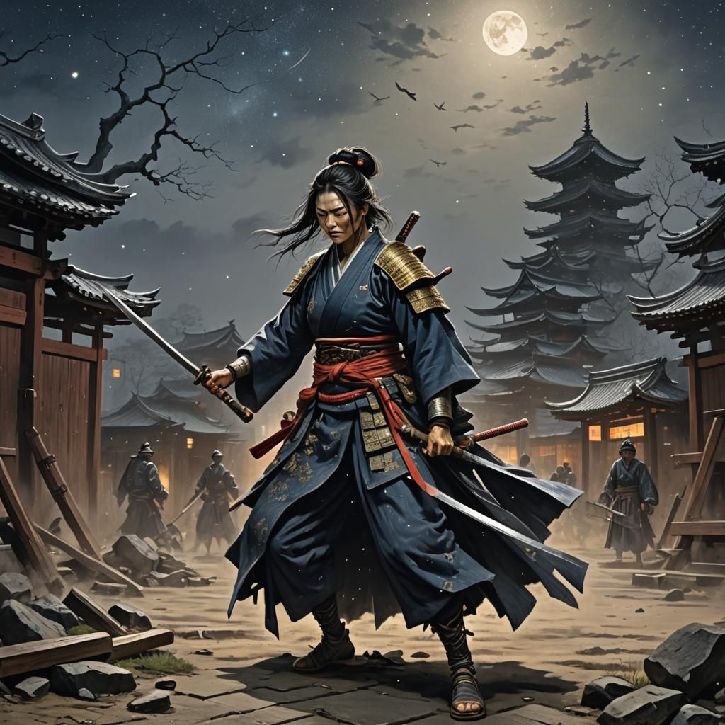 Fierce Samurai Warrior in Starry Night Battle