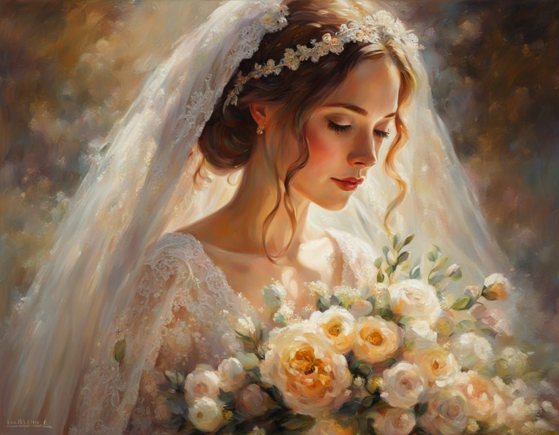 Romantic Oil Painting of Bride with Bouquet