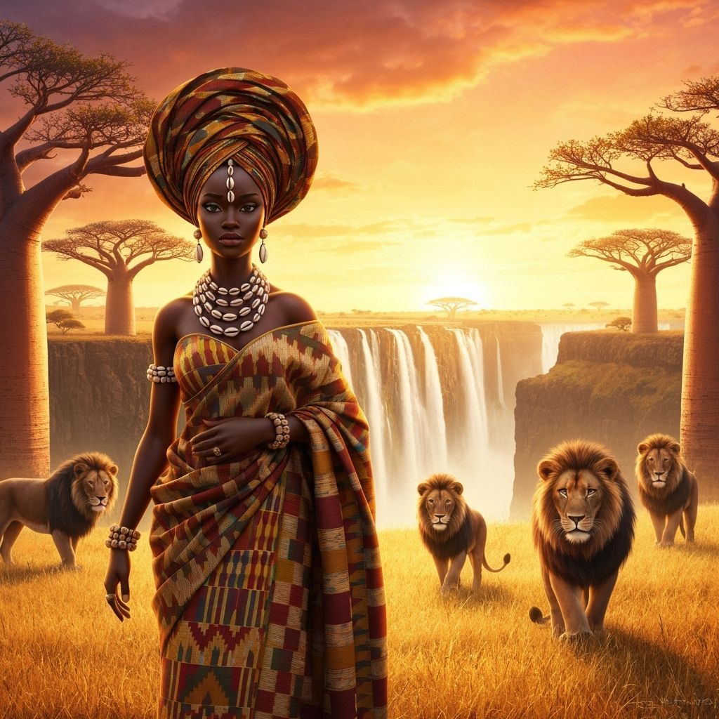 West African Queen with Lions in Golden Savanna