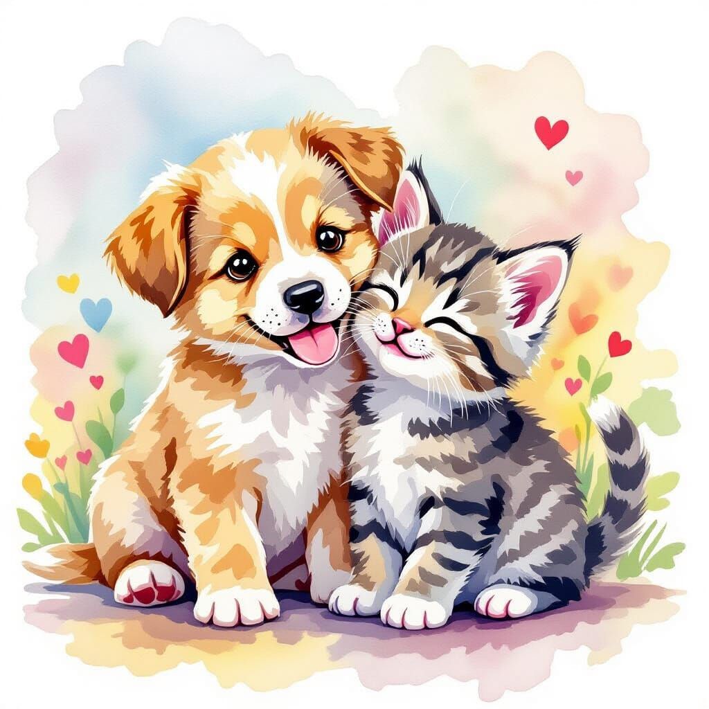 cute puppy and adorable kitten playing happily together