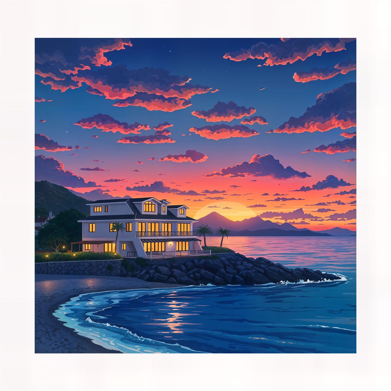 Vibrant Seaside Hotel in Sunset Glory