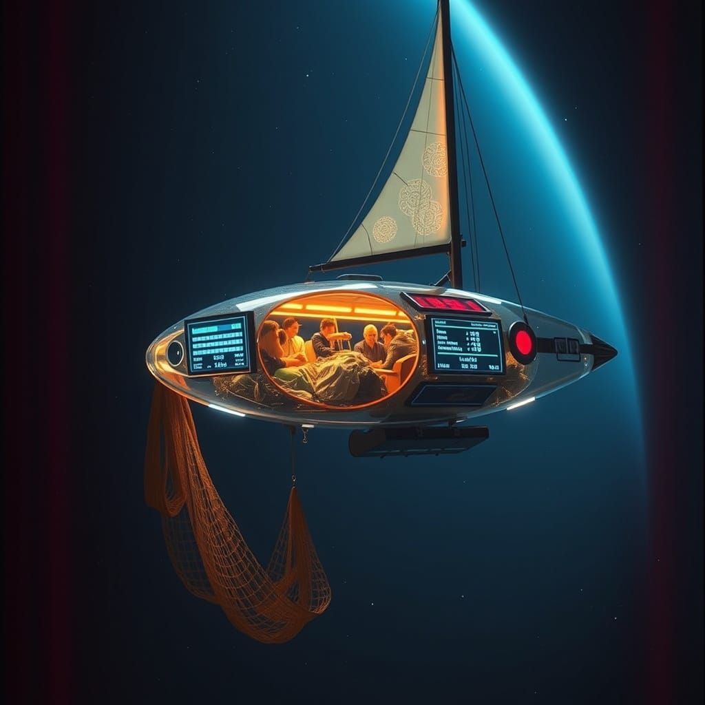 Glass Spaceship Collects Space Waste in Frutiger Aero Style