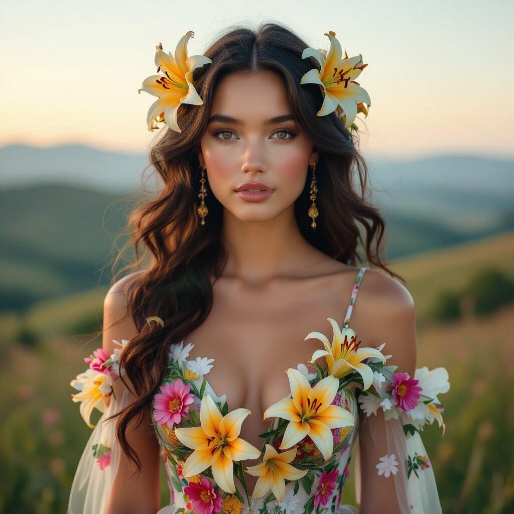 Art Nouveau Portrait of Woman with Tiger Lilies