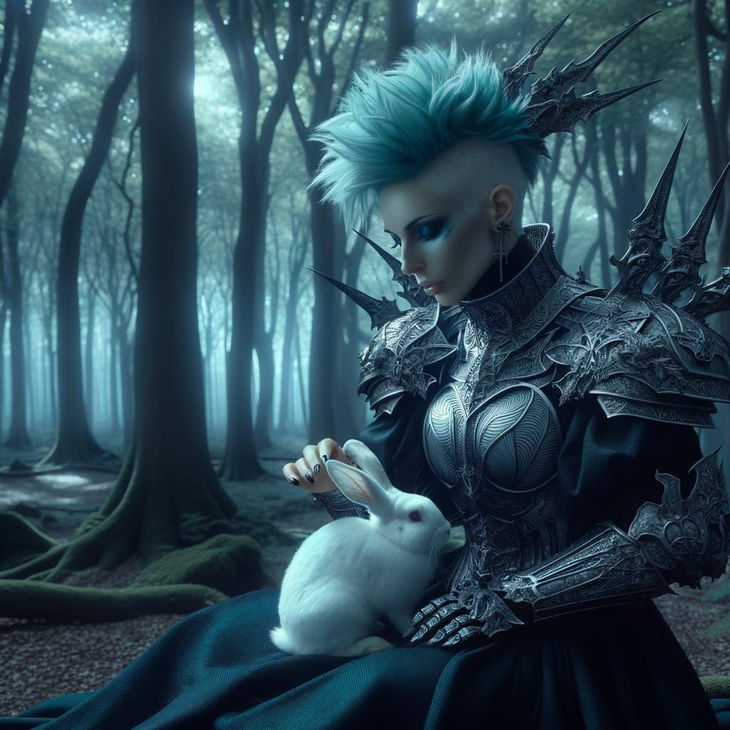 Gothic Warrior Woman with Turquoise Hair Petting Rabbit in M...