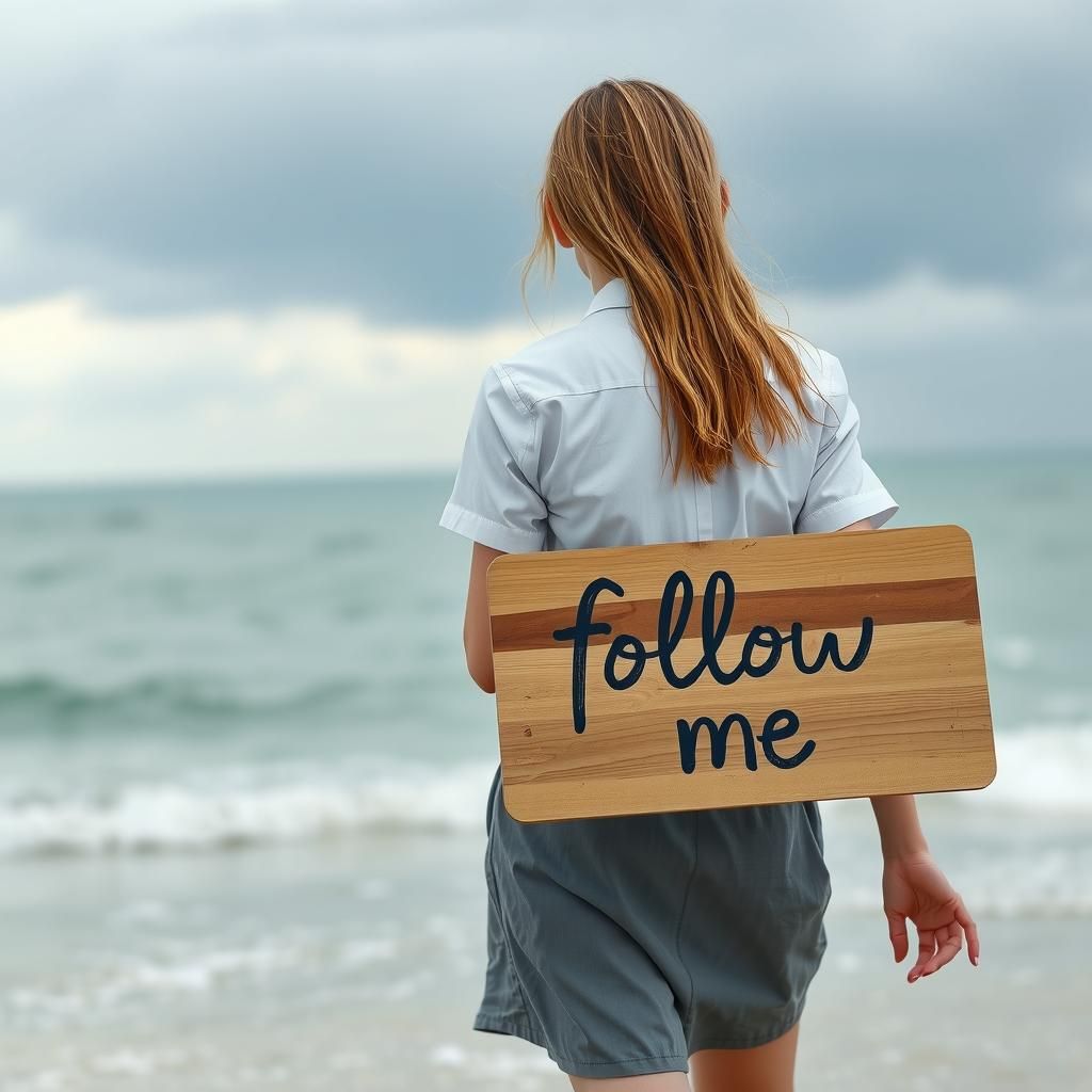 Woman Emerging from Sea Holding Follow Me Sign