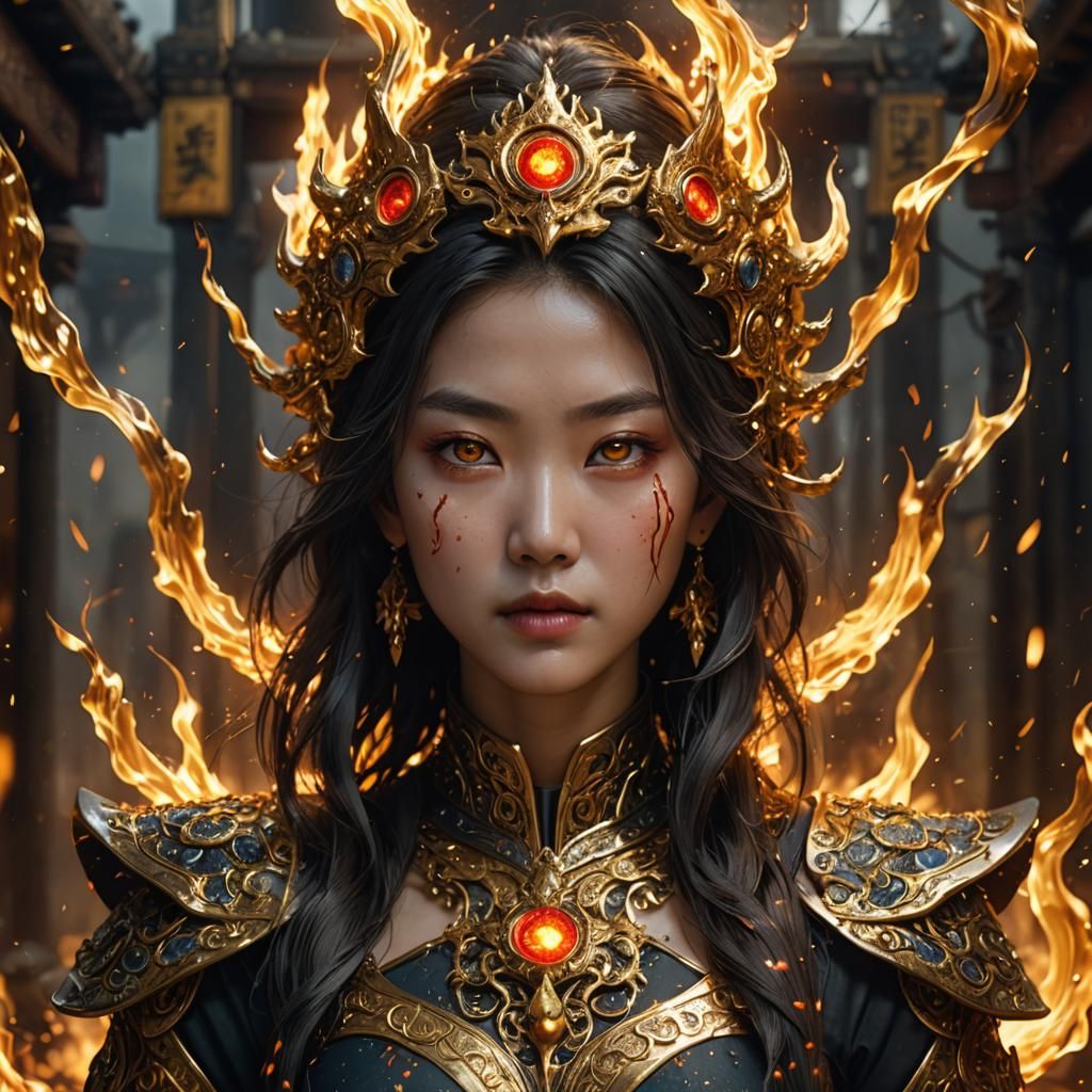 Korean Woman in Golden Flames: Fantasy Art