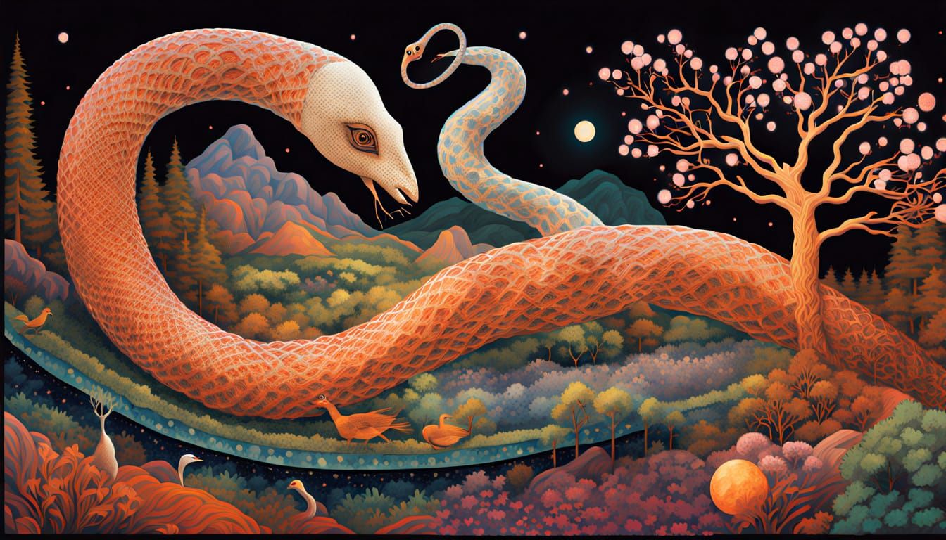 Surreal Bio-Art Snake in Trance: Cosmic Forest Transformatio...