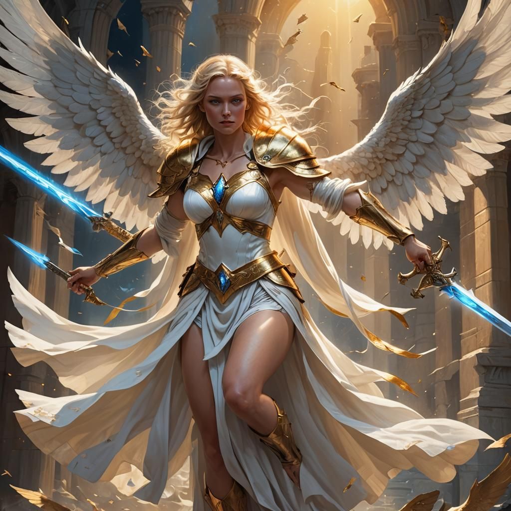 Angelic Warrior Floating with Sword in Golden Light