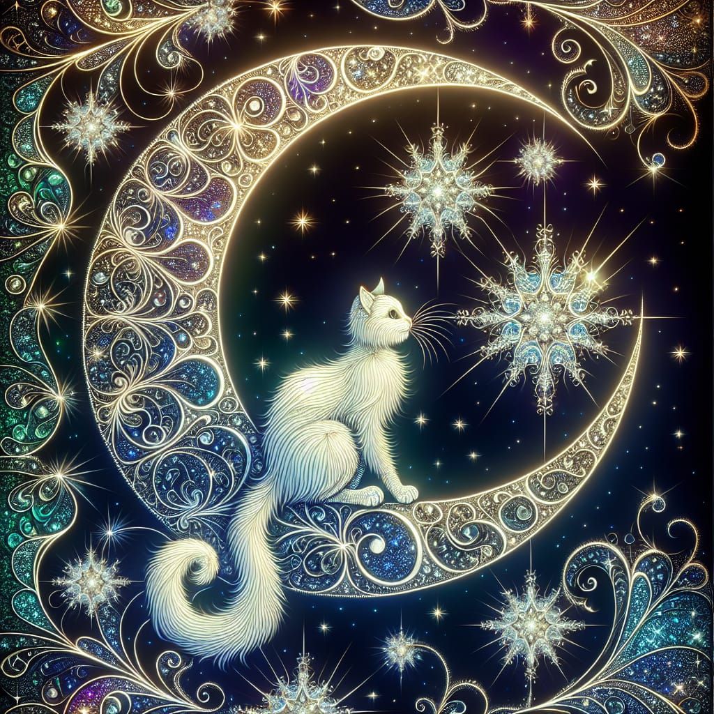 Whimsical Crescent Moon Cat in Foil Art Style