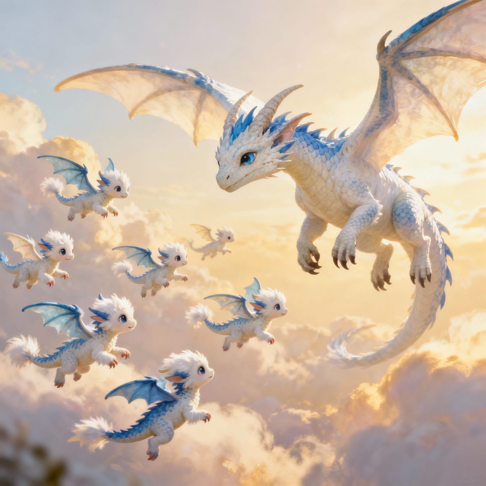 Baby Dragons Play in Sky Under Mother's Protection