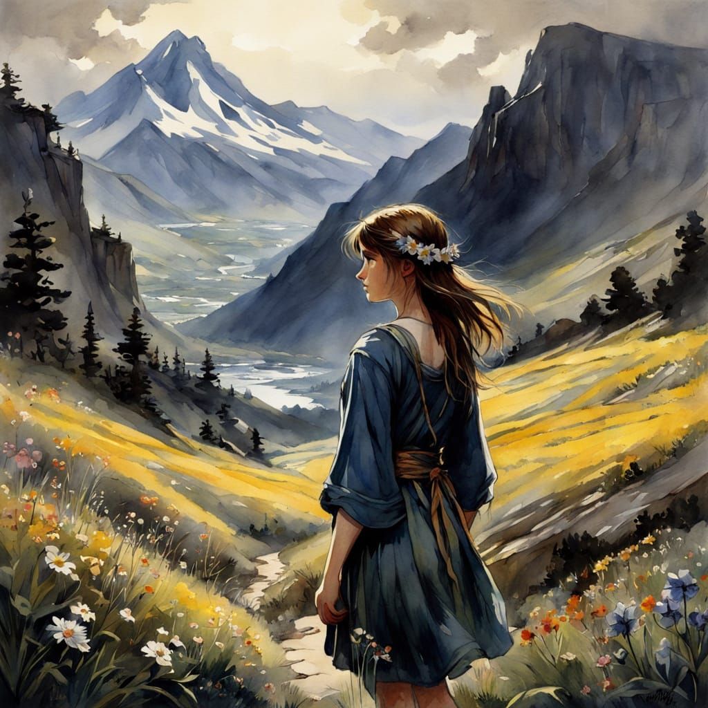 Dreamy Watercolor Mountain Landscape with Wildflowers