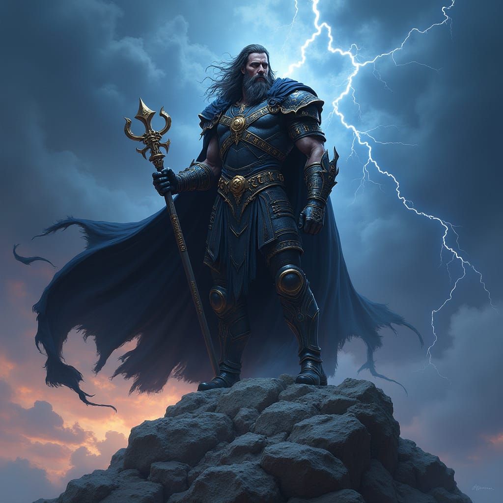 Odin with Mjolnir on Stormy Mountain