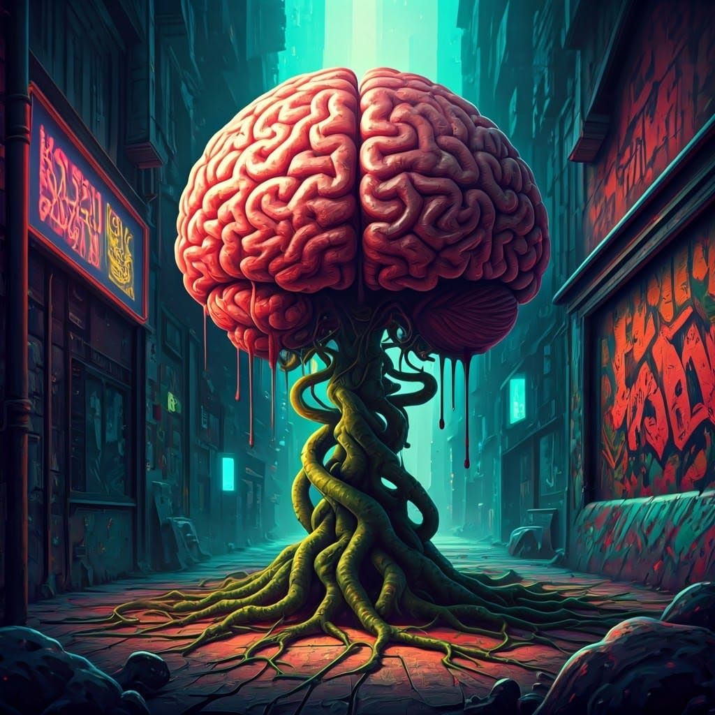 Vibrant Surreal Street Art of a Fantastical Plant with Human...