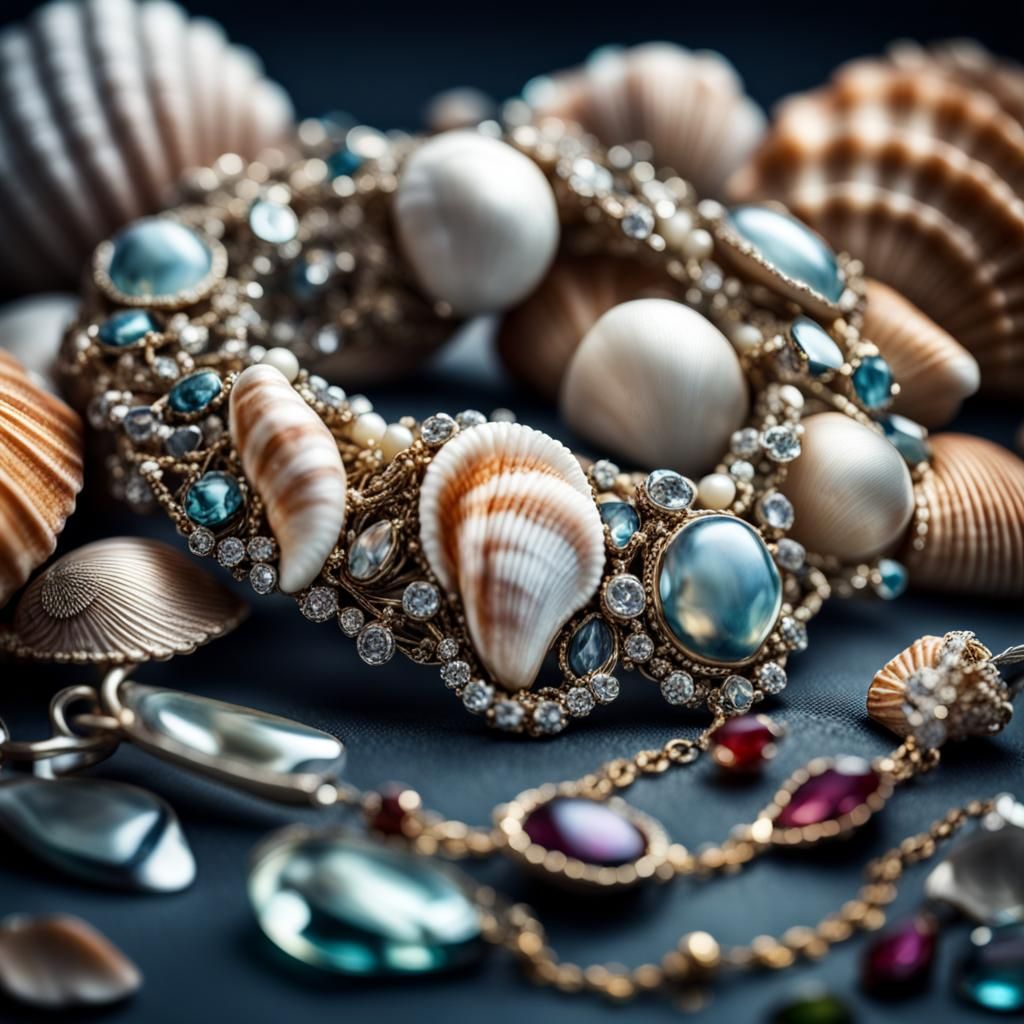 Seashell and Gem Jewelry in Hyperrealistic Detail