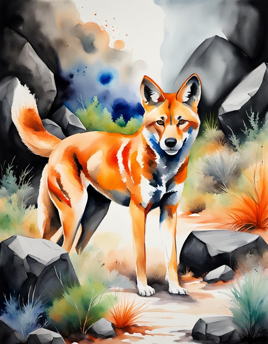 Dingo in Outback, Vivid Watercolor Painting
