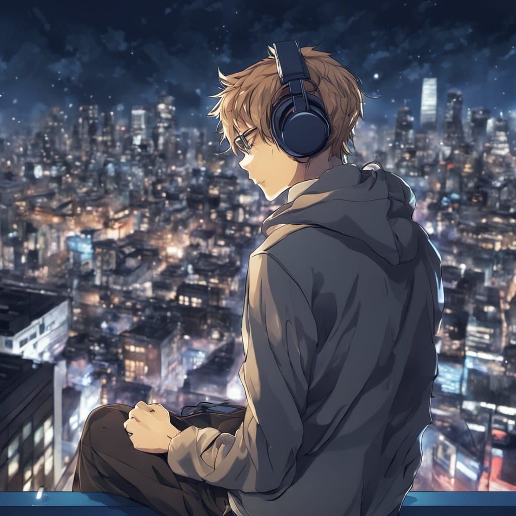 Man with Headphones in Anime-Style Night City