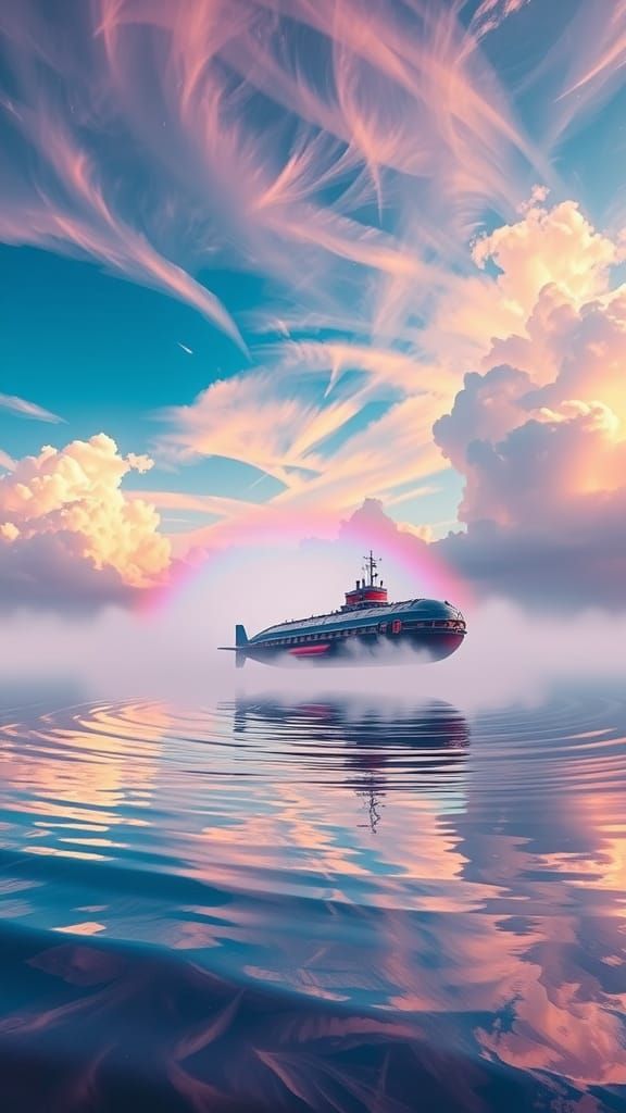 Steampunk Airship Submarine Emerges from Fluid Lake