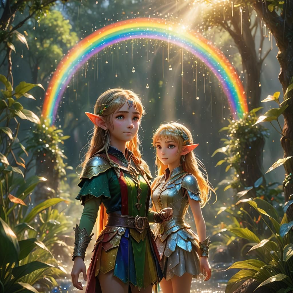 Elf with Rainbow Treasure in Anime Style