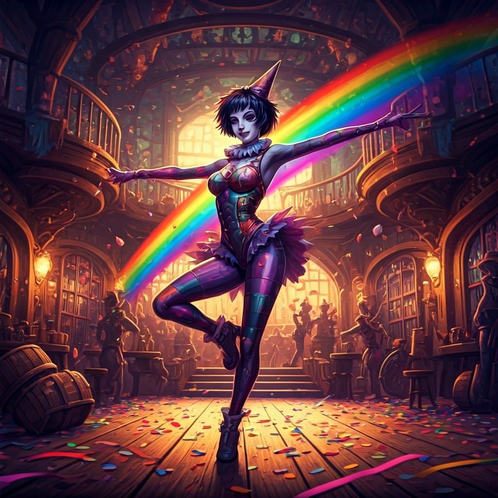 Whimsical Goth Clown in Steampunk Tavern, Neon Impasto