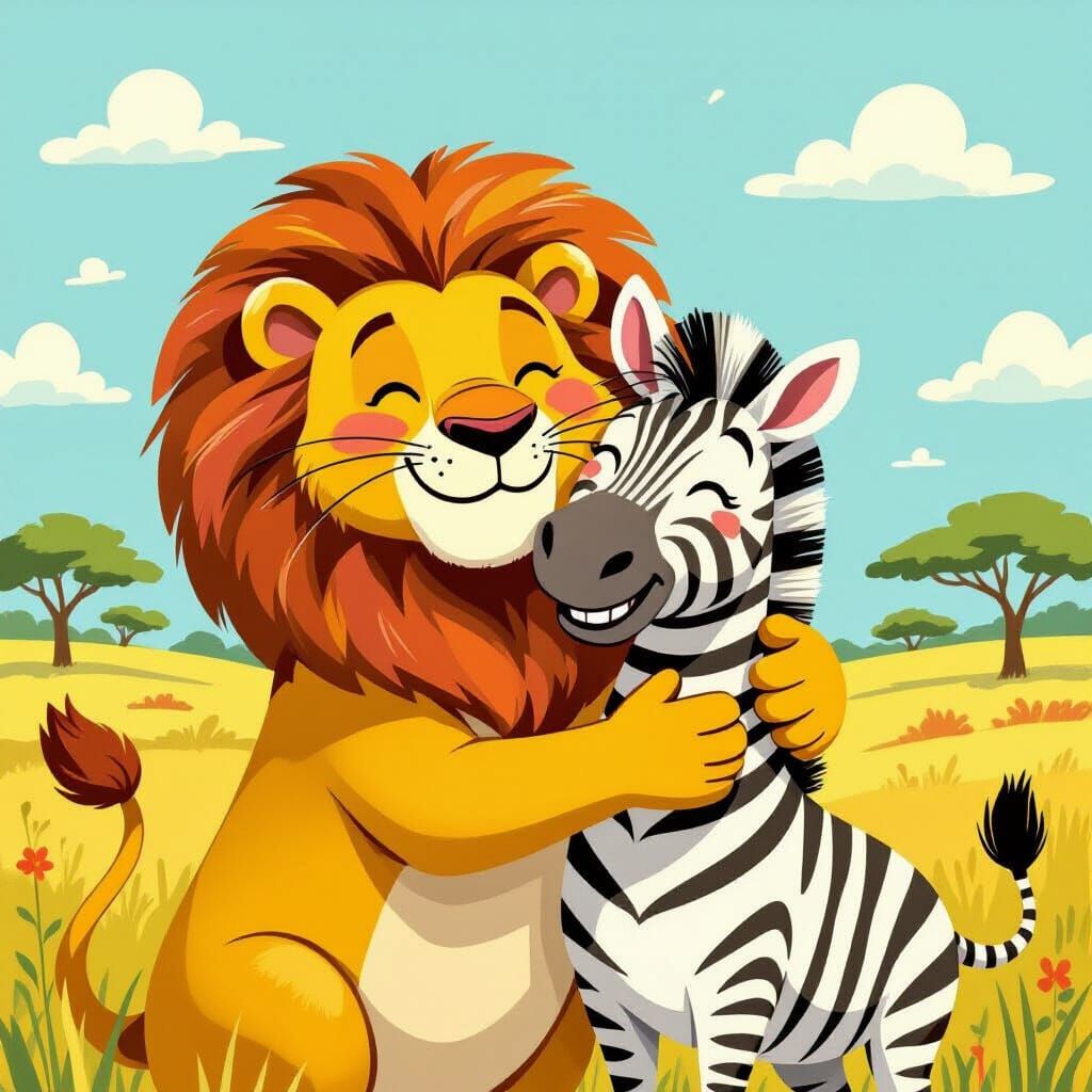 Lion Hugs Zebra in Whimsical Savannah Scene